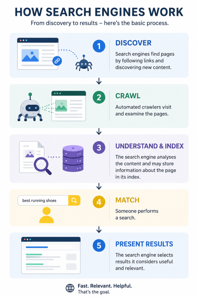 Five stages showing how search engines discover, crawl, understand and index web pages before matching and presenting search results.