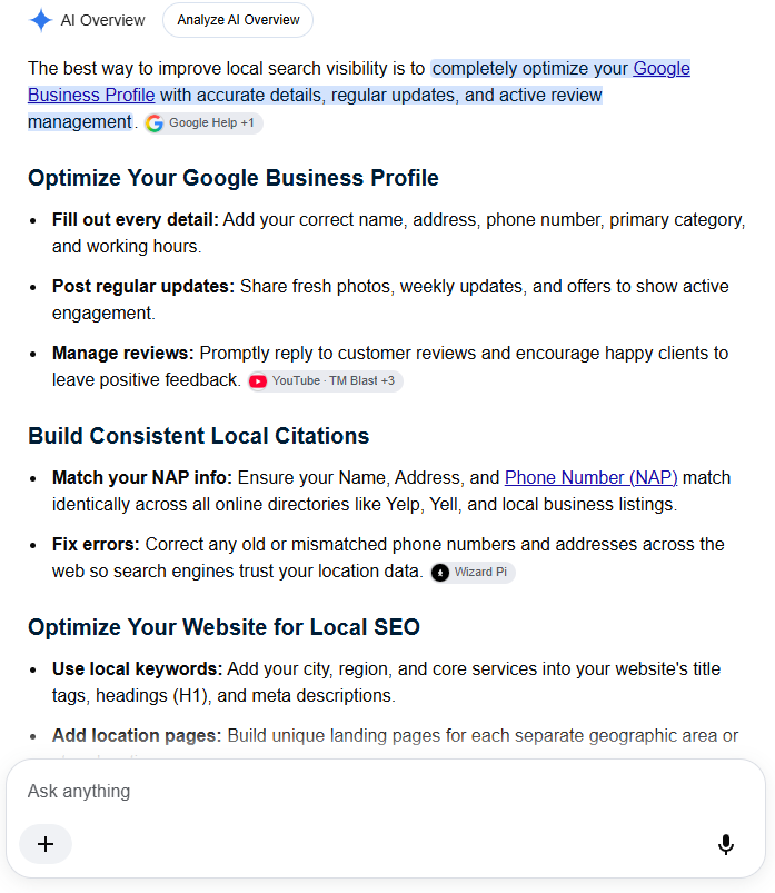 Google search results displaying an AI Overview for a small business SEO search