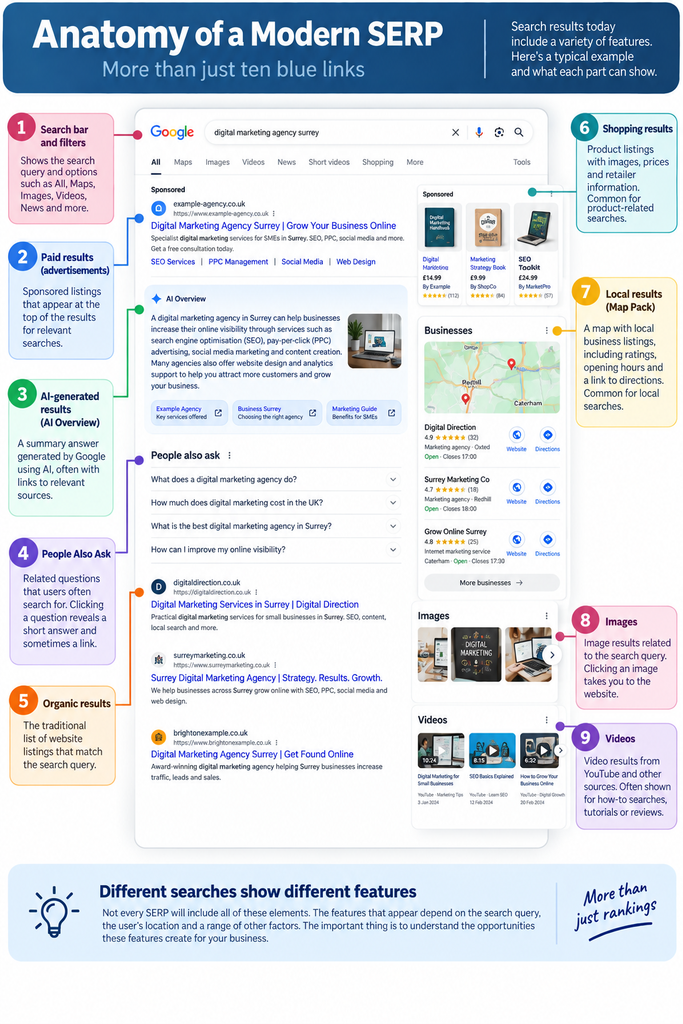 Anatomy of a modern SERP showing paid results, AI-generated results, People Also Ask, organic listings, local results, images, videos and shopping results.