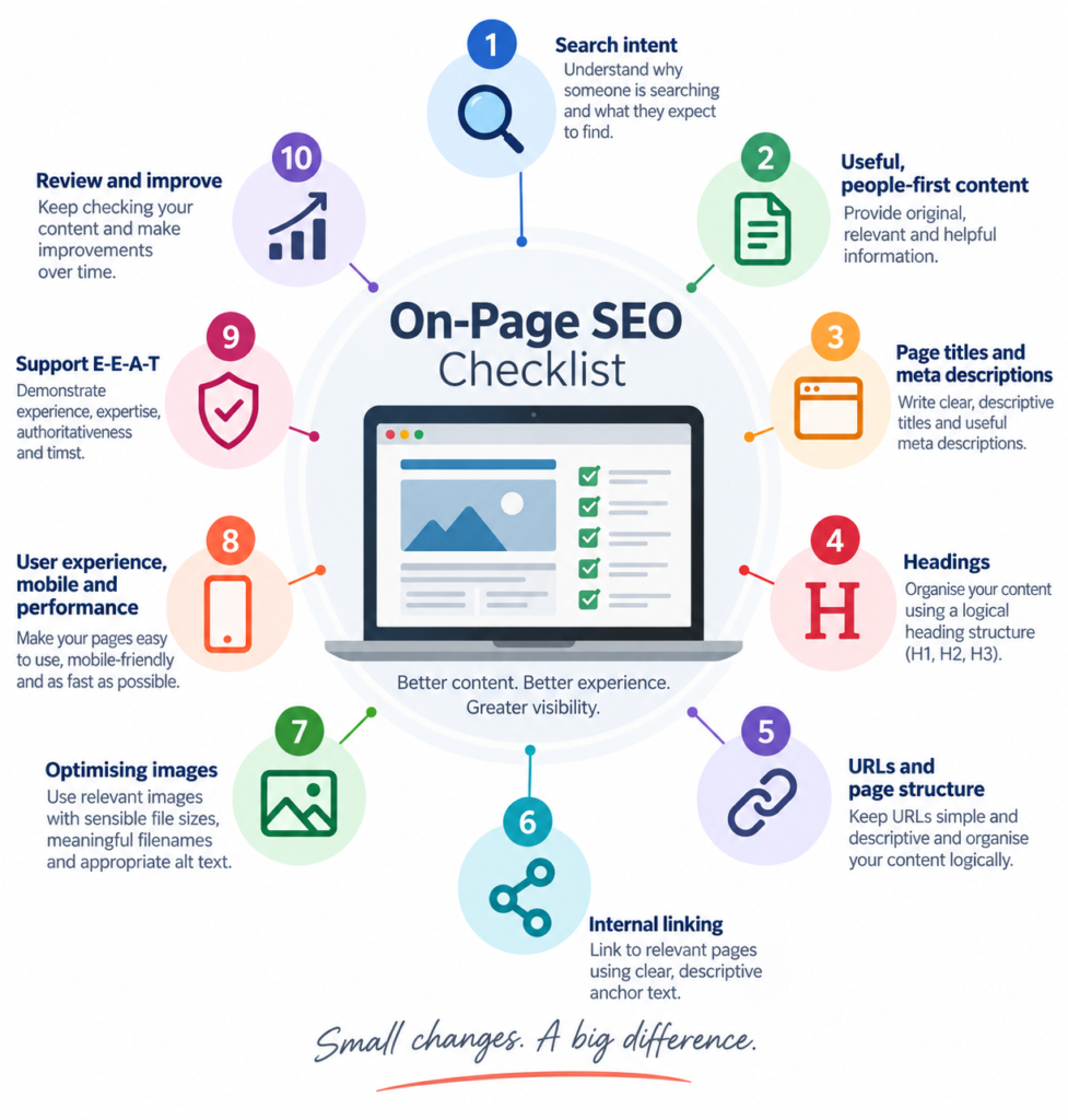 On-page SEO checklist illustrating the main areas to review when optimising a web page