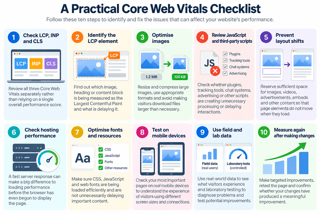 Practical Core Web Vitals checklist for improving LCP, INP, CLS and overall website performance.