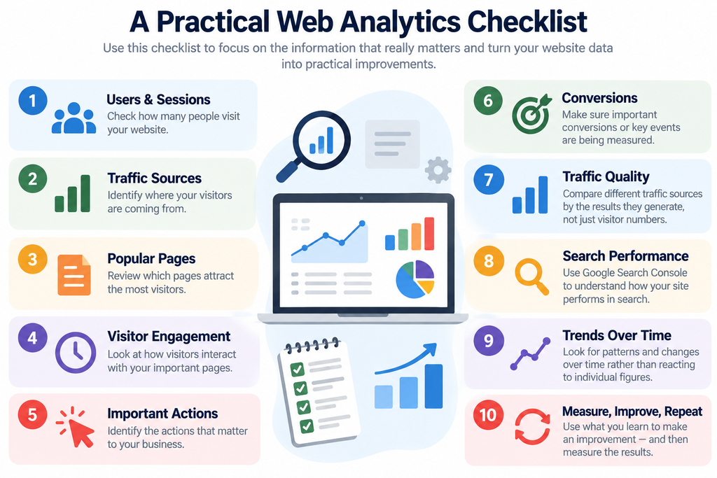 Practical web analytics checklist covering users, traffic sources, popular pages, engagement, conversions, search performance and trends.