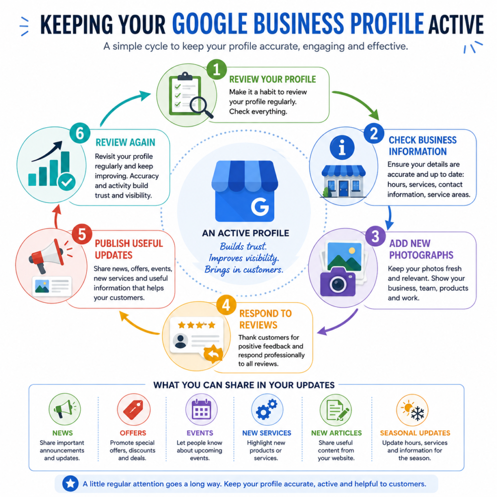 Google Business Profile maintenance cycle for keeping business information, photographs, reviews and updates current.