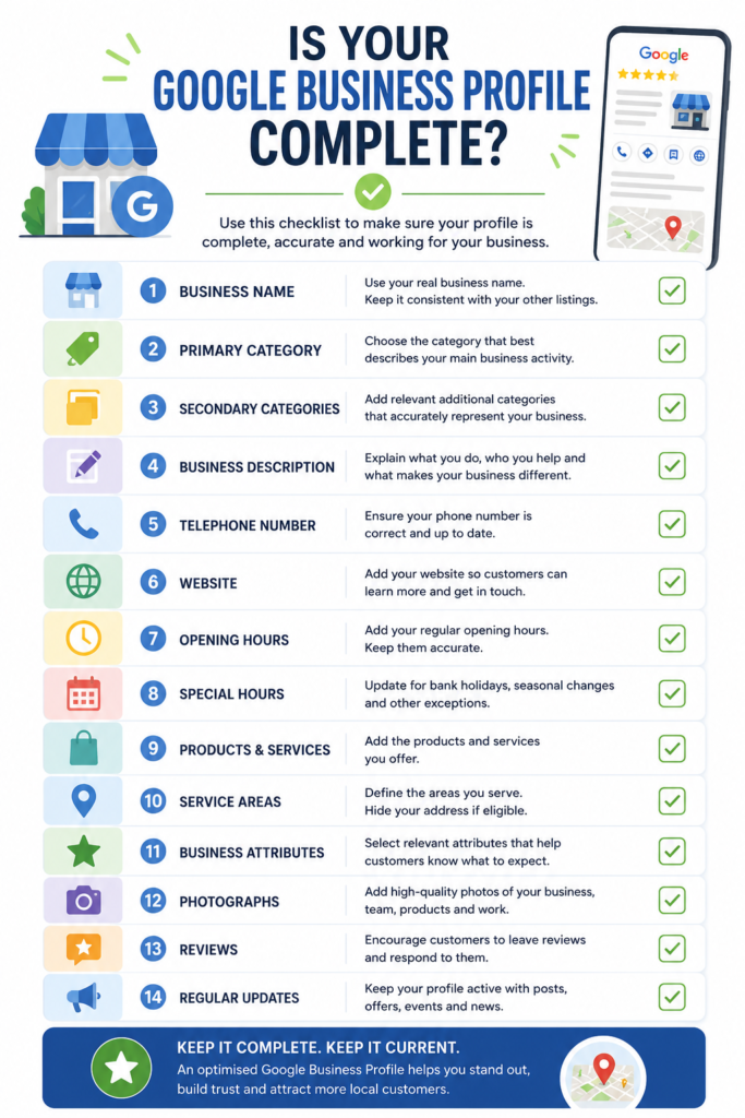 Google Business Profile optimisation checklist for small businesses.