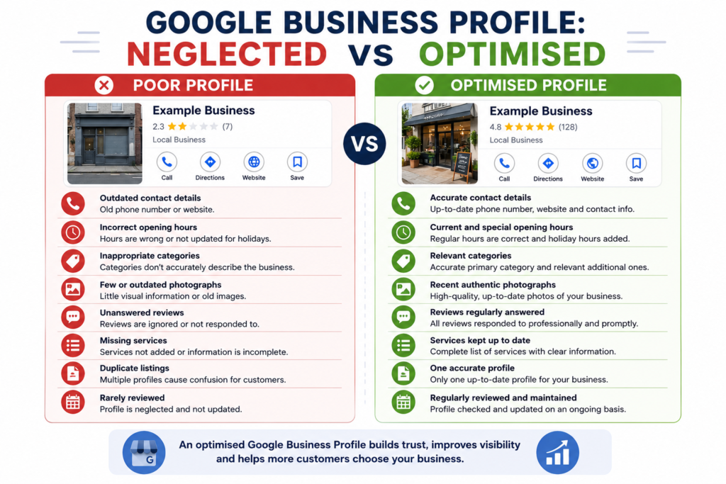 Comparison of a neglected and optimised Google Business Profile.