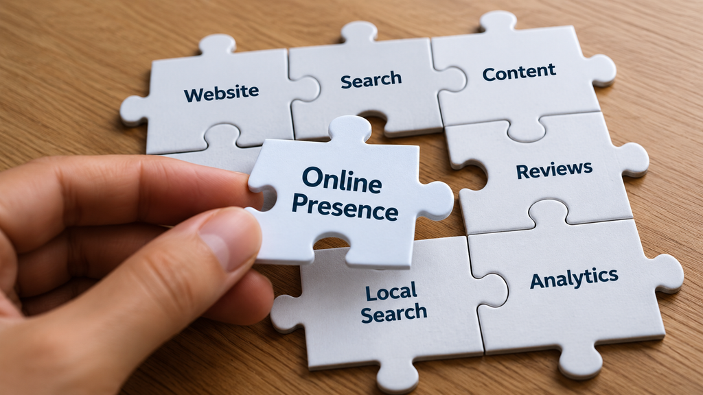 Connected elements of an online presence including website, search, content, reviews and analytics